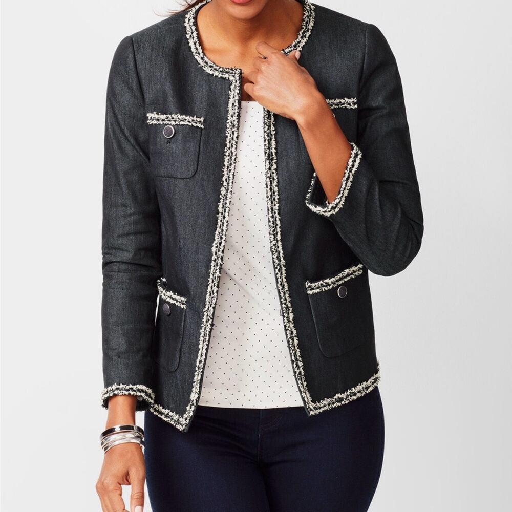Talbots NWT Tweed Trim Jacket 8 Black Fringe Collarless Career Preppy Blazer